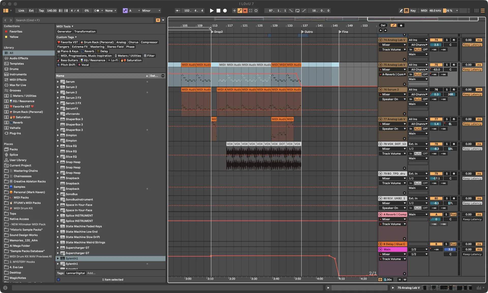 Ableton Live arrangement view with MIDI clips and the mixer open