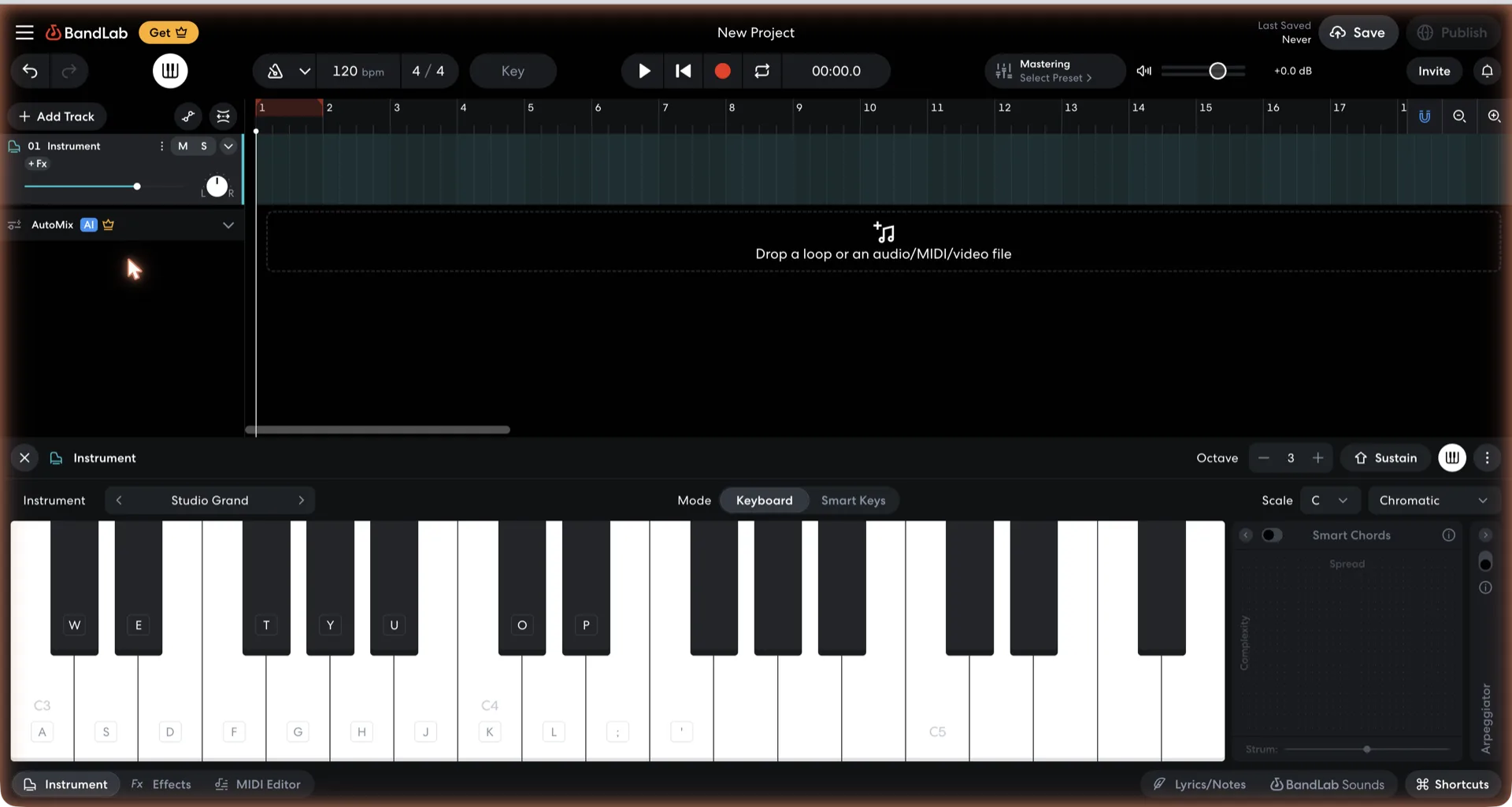 BandLab Studio with an instrument track and the keyboard panel open