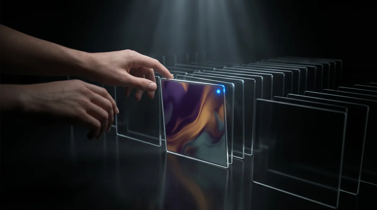 Hands flipping through an endless crate of glowing pack covers