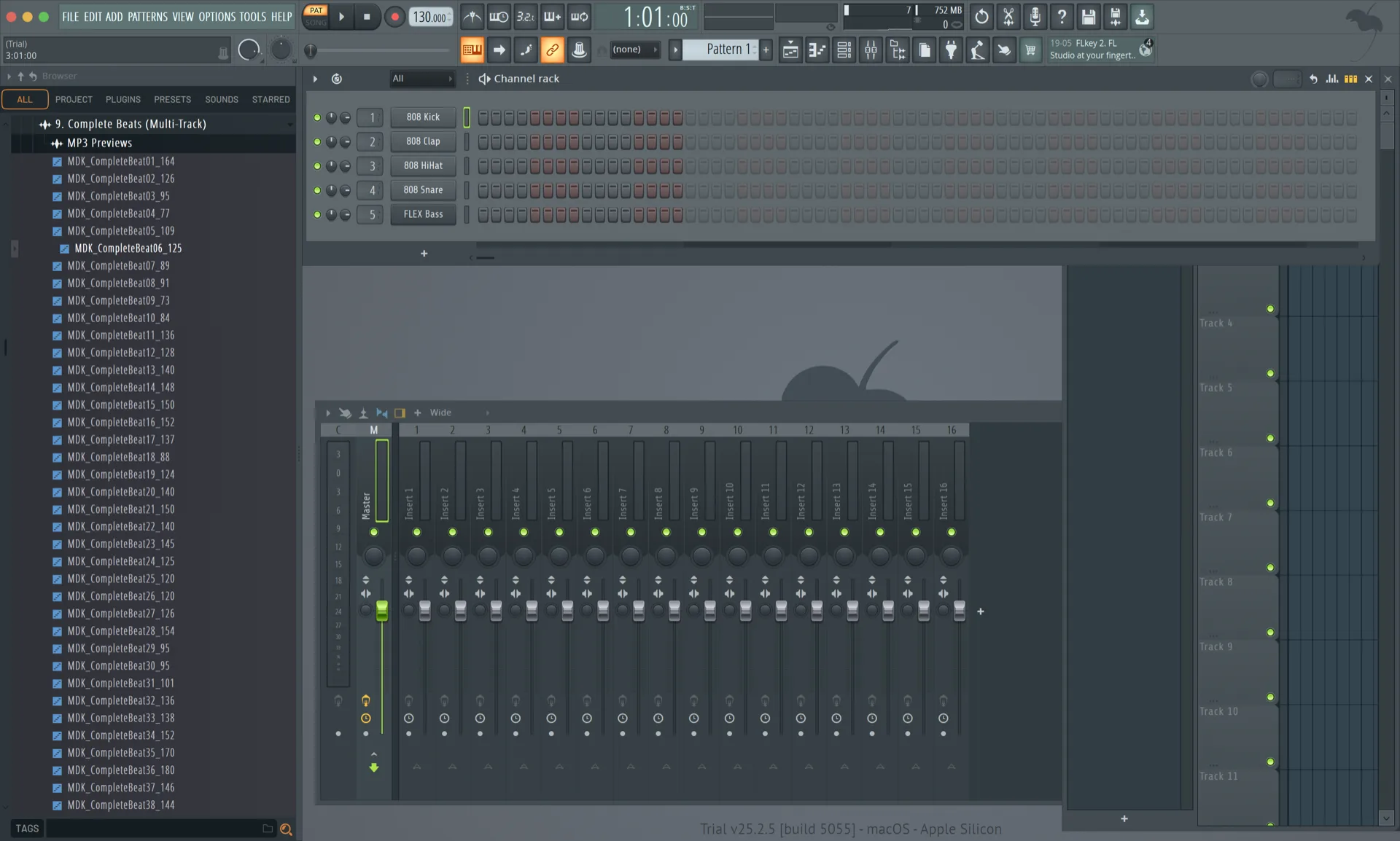 FL Studio with the channel rack, mixer and playlist open