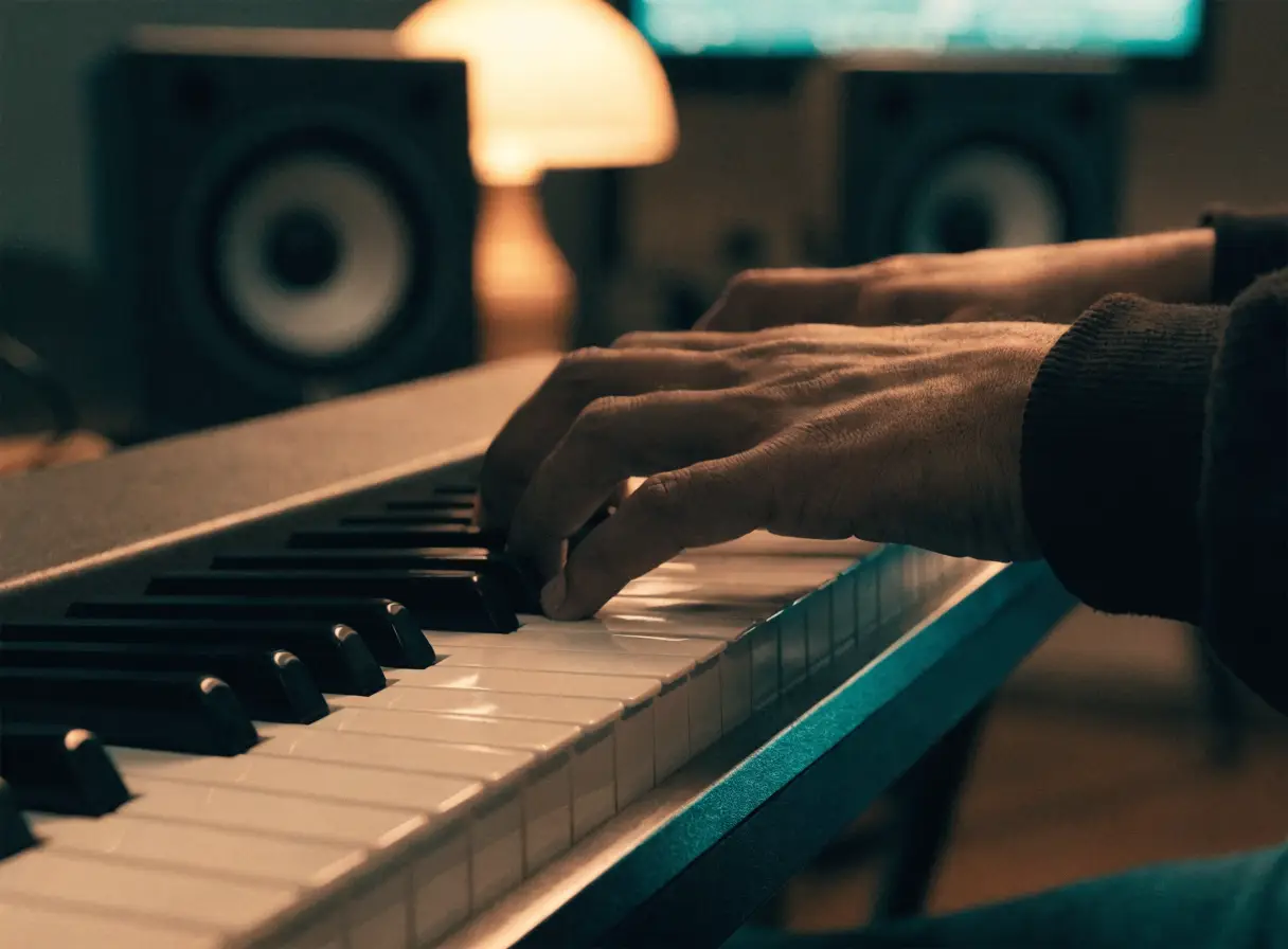 Producer playing a full chord on a MIDI keyboard in a studio