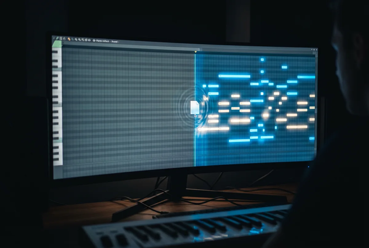 An empty piano roll grid coming alive with glowing MIDI notes