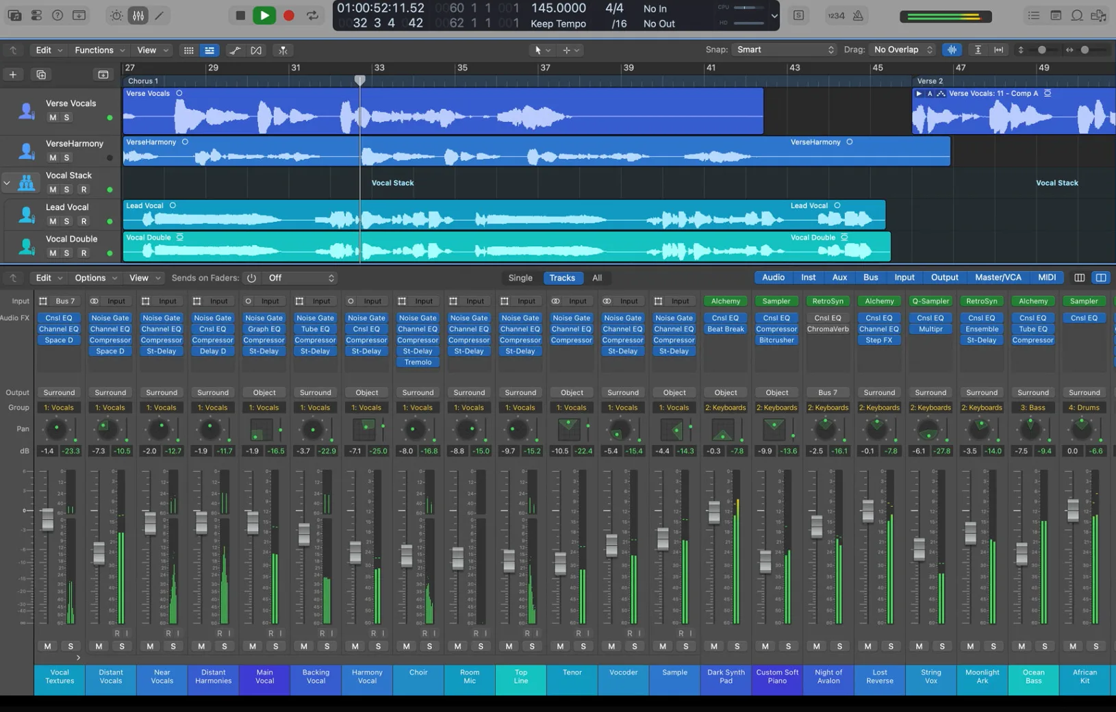 Logic Pro with vocal tracks and the mixer open
