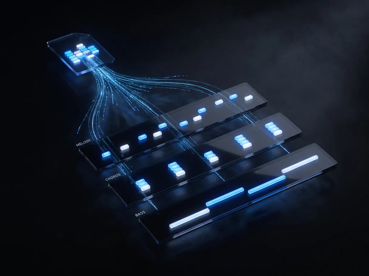 One MIDI file splitting into melody, chords and bass piano-roll lanes