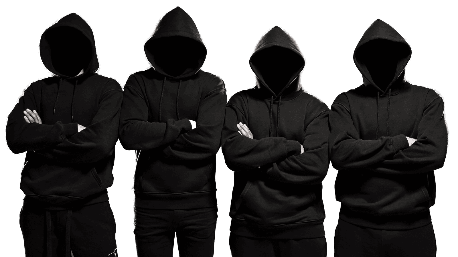 The four FFUNK composers standing shoulder to shoulder, hoods up, arms crossed
